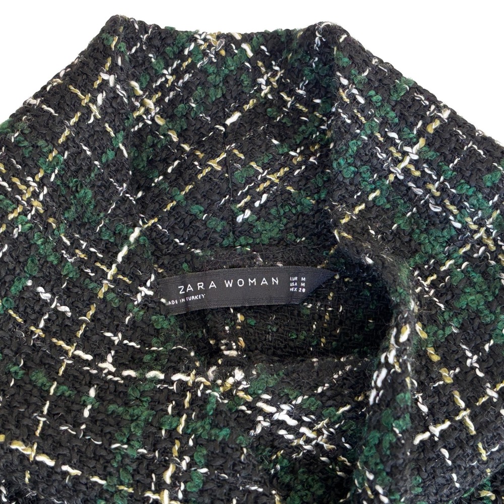Zara Black Green Plaid Tweed Cropped Sweater Top Fringe Sz M - Picture 9 of 10